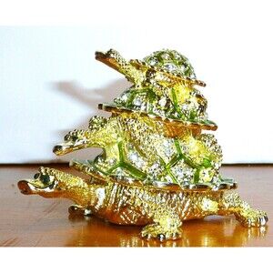 Gold Stacked Turtle Family Bejeweled Trinket Box Crystal Enamel 3 Tortoise